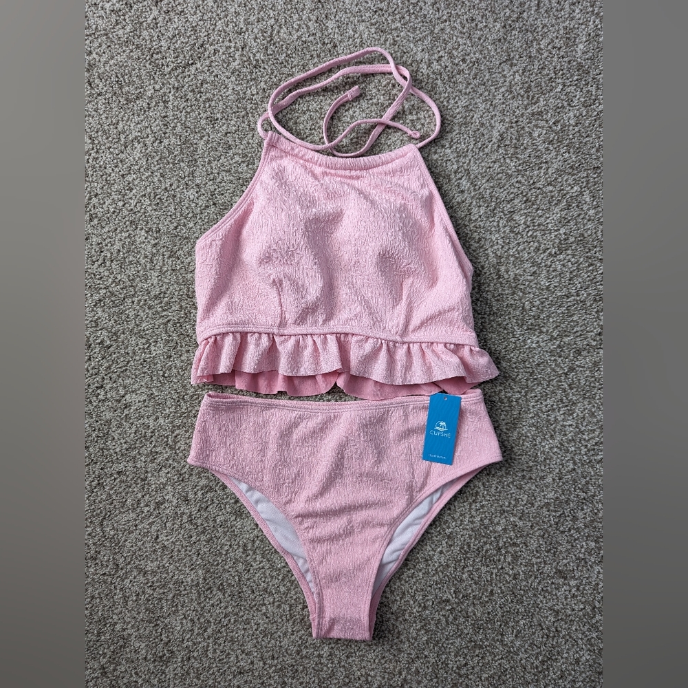 Medium Ruffled Halter Tankini & Mid Rise Cheeky Bottoms Set cupshe